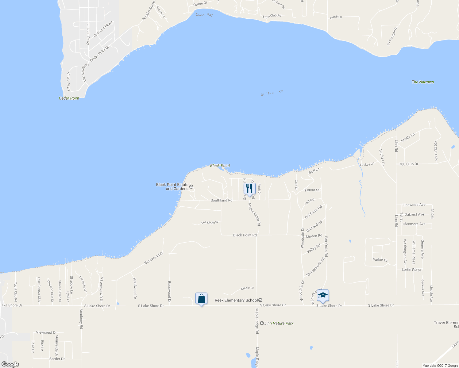map of restaurants, bars, coffee shops, grocery stores, and more near N1847 Highland Rd in Lake Geneva