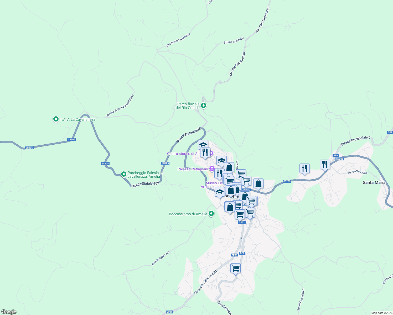map of restaurants, bars, coffee shops, grocery stores, and more near 20 Via del Teatro in Amelia