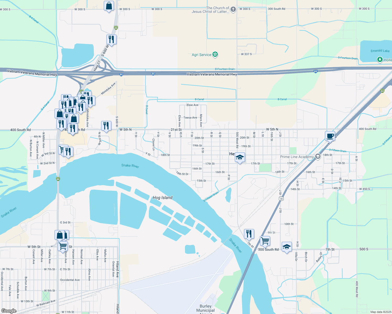map of restaurants, bars, coffee shops, grocery stores, and more near 1941 18th Street in Heyburn