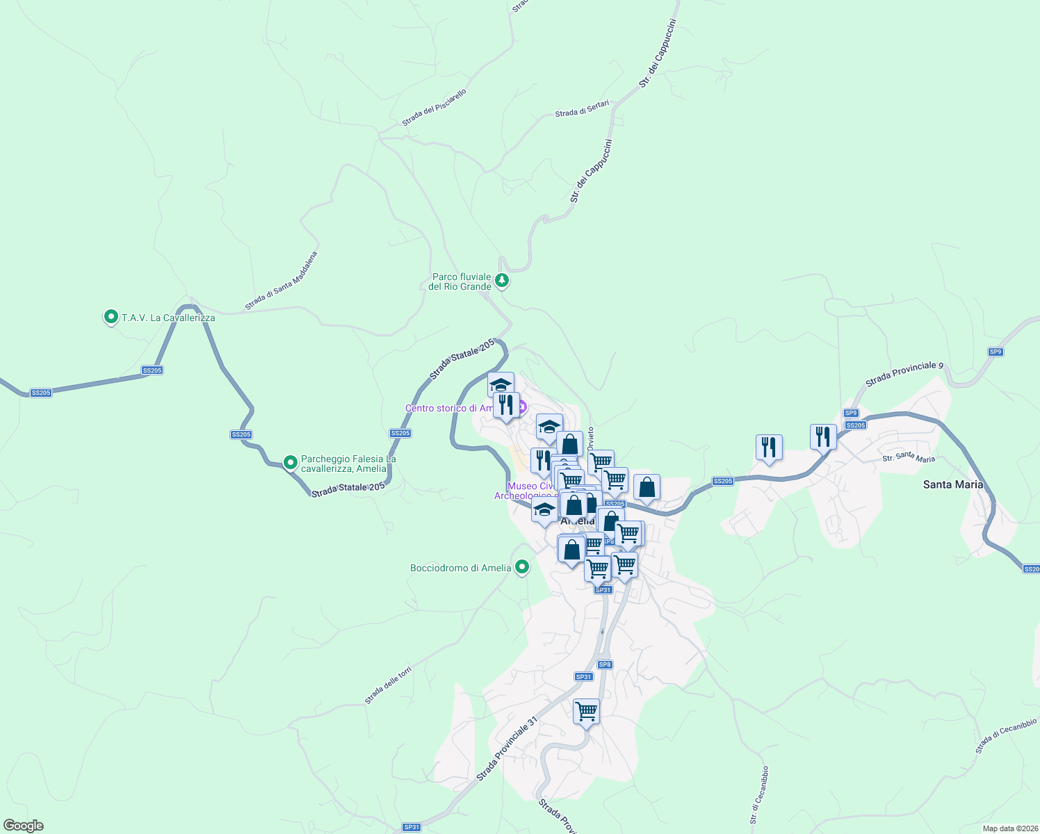 map of restaurants, bars, coffee shops, grocery stores, and more near 14 Via Geraldini in Amelia