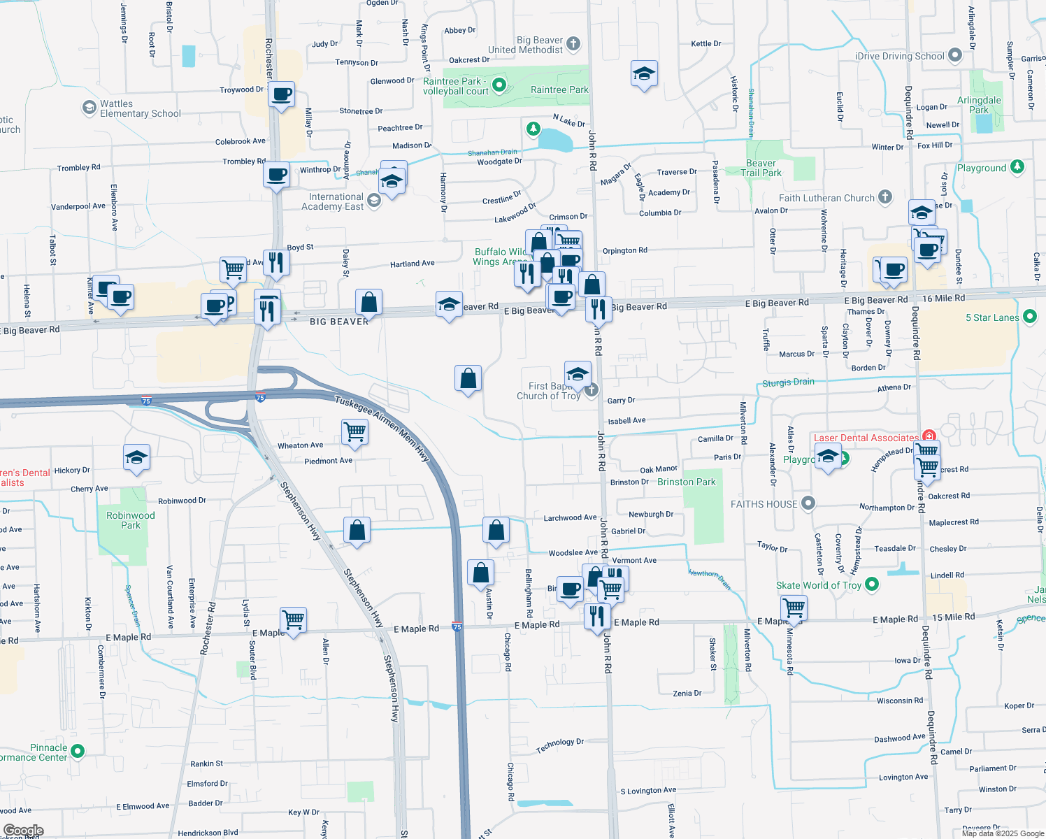 map of restaurants, bars, coffee shops, grocery stores, and more near 1565 Jackson Drive in Troy
