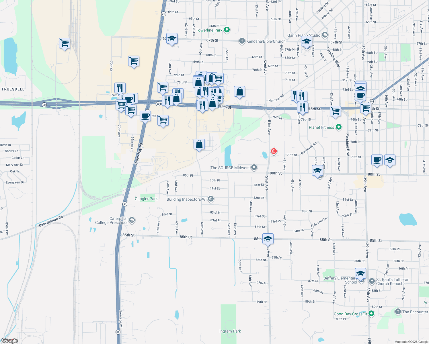 map of restaurants, bars, coffee shops, grocery stores, and more near 10222 74th Street in Kenosha