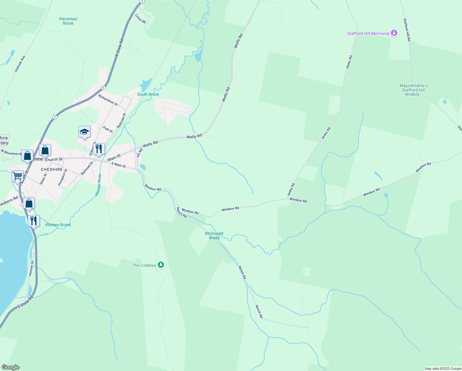 map of restaurants, bars, coffee shops, grocery stores, and more near 443 Windsor Rd in Cheshire