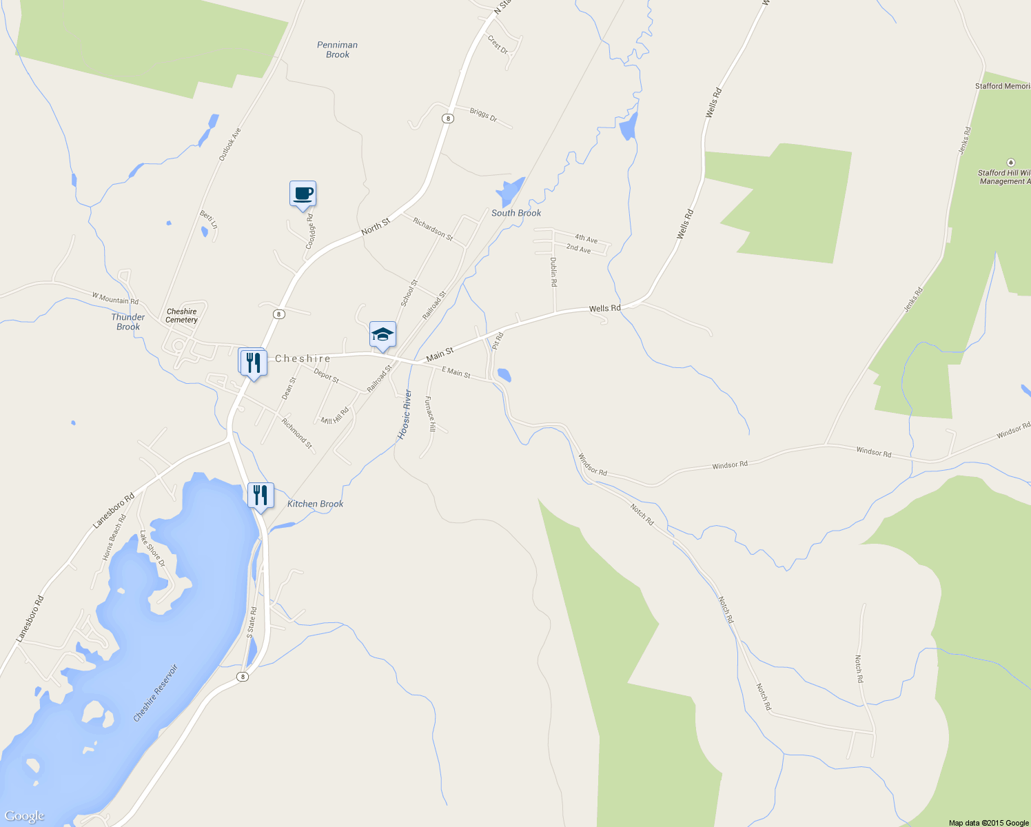 map of restaurants, bars, coffee shops, grocery stores, and more near 77 Windsor Road in Cheshire