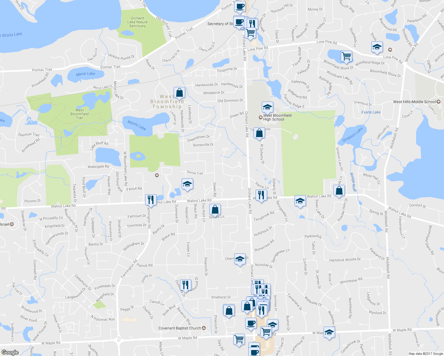 map of restaurants, bars, coffee shops, grocery stores, and more near 4182 Marlwood Drive in West Bloomfield Township