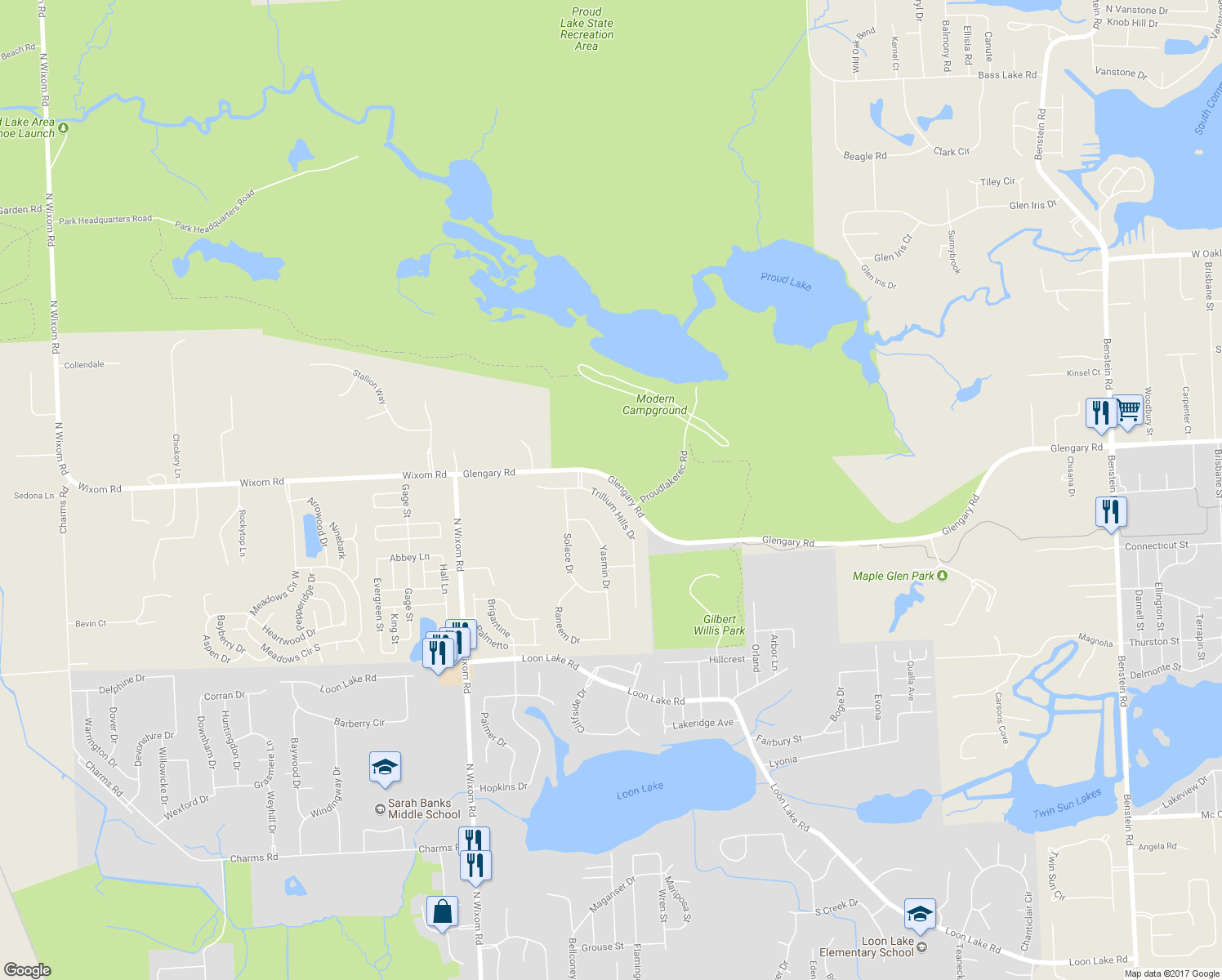 map of restaurants, bars, coffee shops, grocery stores, and more near 2612 Trillium Hills Drive in Commerce Charter Township