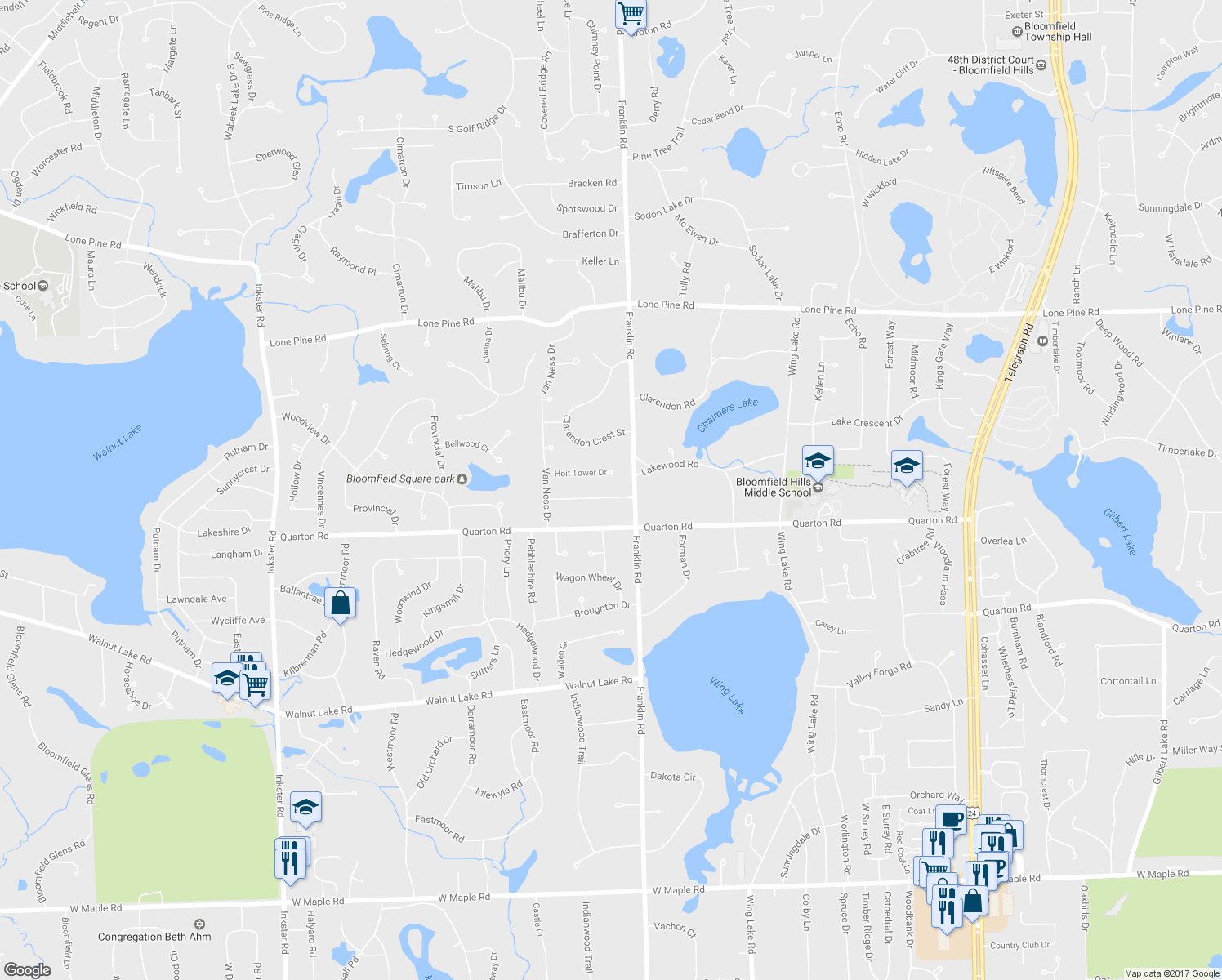 map of restaurants, bars, coffee shops, grocery stores, and more near 1624 Mark Hopkins Road in Bloomfield Hills