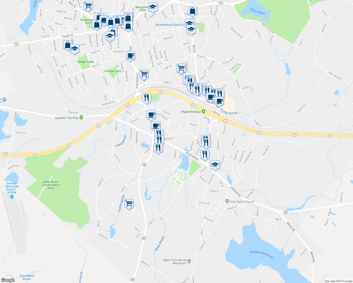 map of restaurants, bars, coffee shops, grocery stores, and more near 100 Kendall Street in Gardner