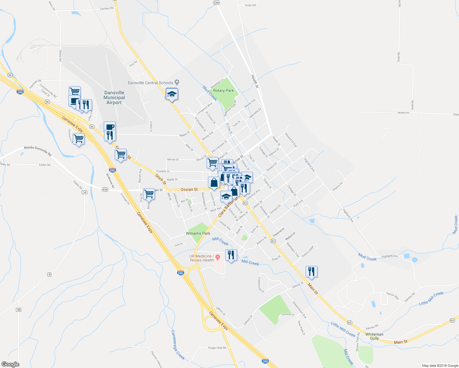 map of restaurants, bars, coffee shops, grocery stores, and more near in Dansville