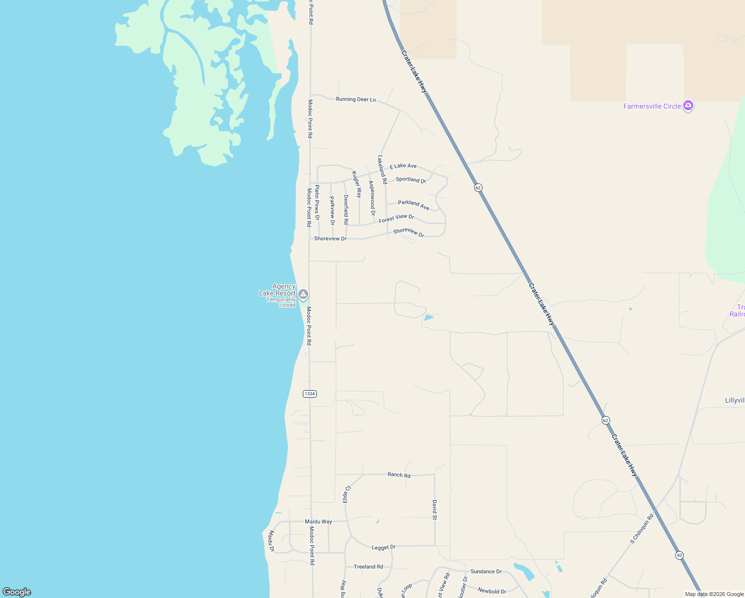 map of restaurants, bars, coffee shops, grocery stores, and more near 37111 Agency Lake Loop Road in Chiloquin