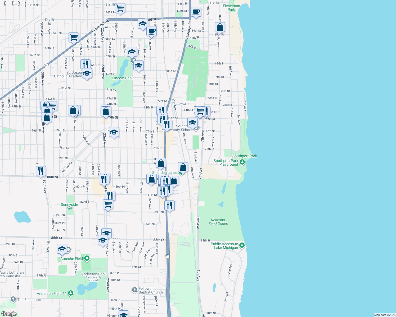map of restaurants, bars, coffee shops, grocery stores, and more near 7835 8th Ave in Kenosha