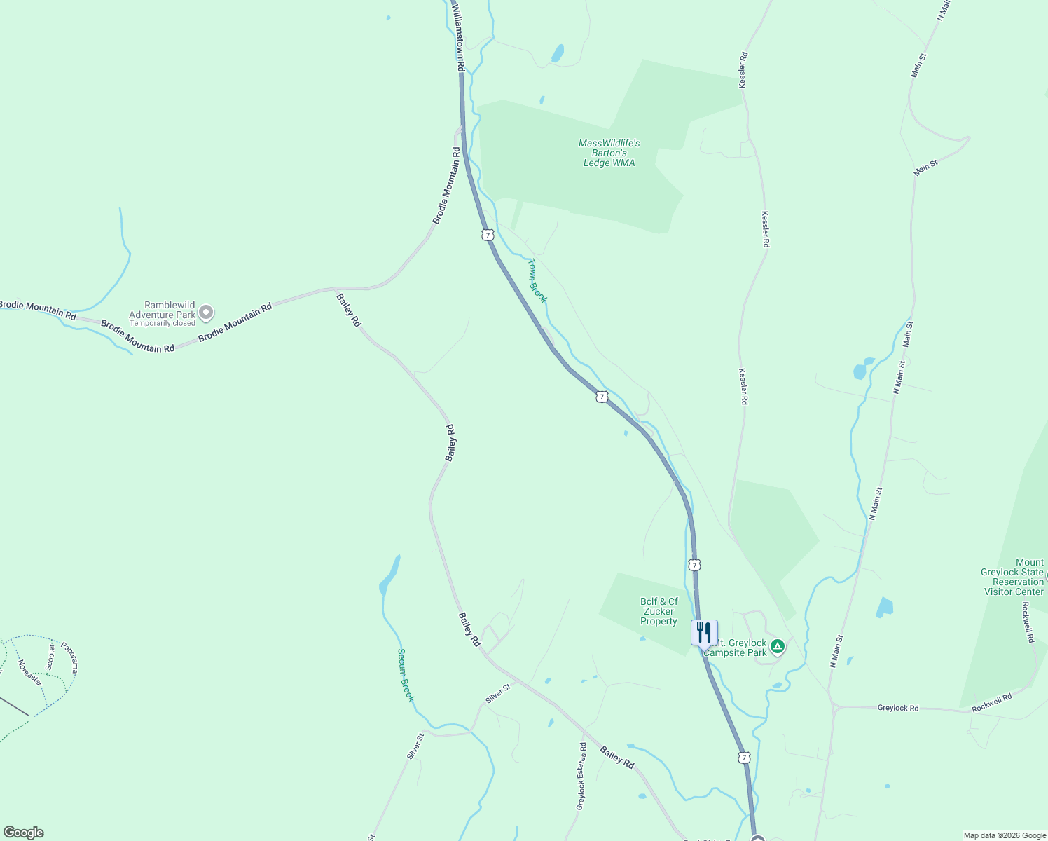 map of restaurants, bars, coffee shops, grocery stores, and more near 10 Bailey Road in Lanesborough