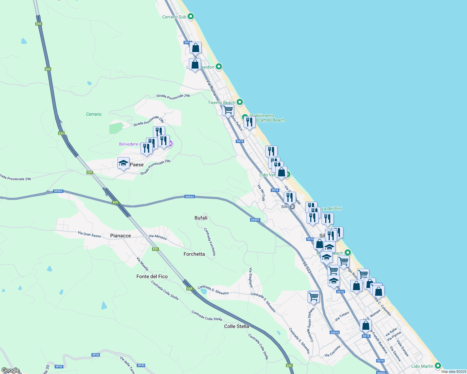 map of restaurants, bars, coffee shops, grocery stores, and more near 25A Contrada Stagliano in Provincia di Teramo