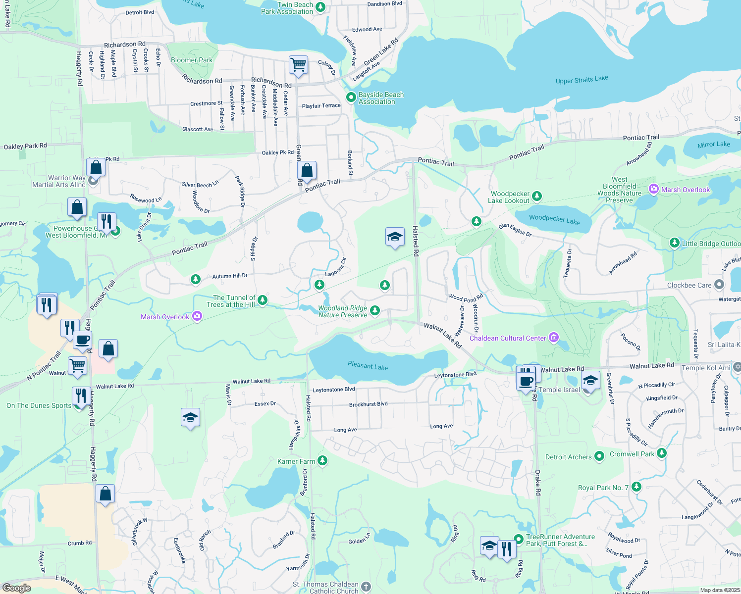 map of restaurants, bars, coffee shops, grocery stores, and more near 6594 Torybrooke Cir in West Bloomfield Township