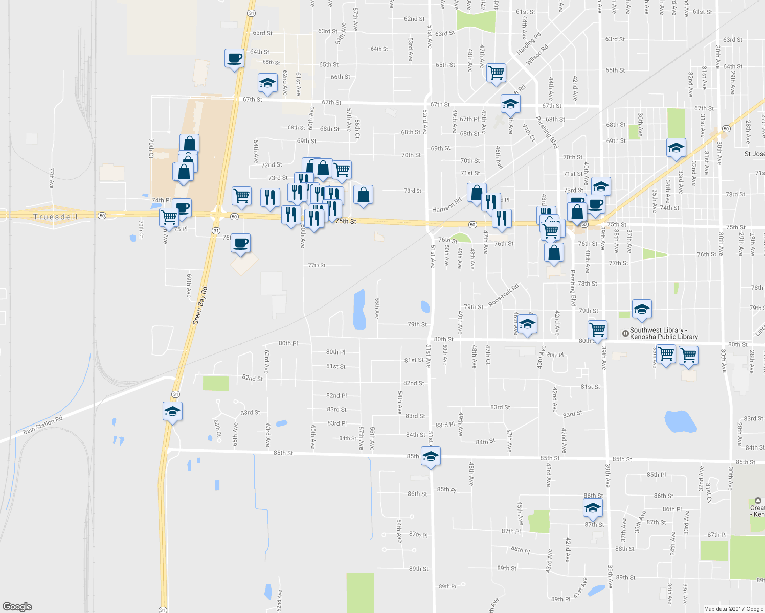 map of restaurants, bars, coffee shops, grocery stores, and more near 7813 55th Avenue in Kenosha