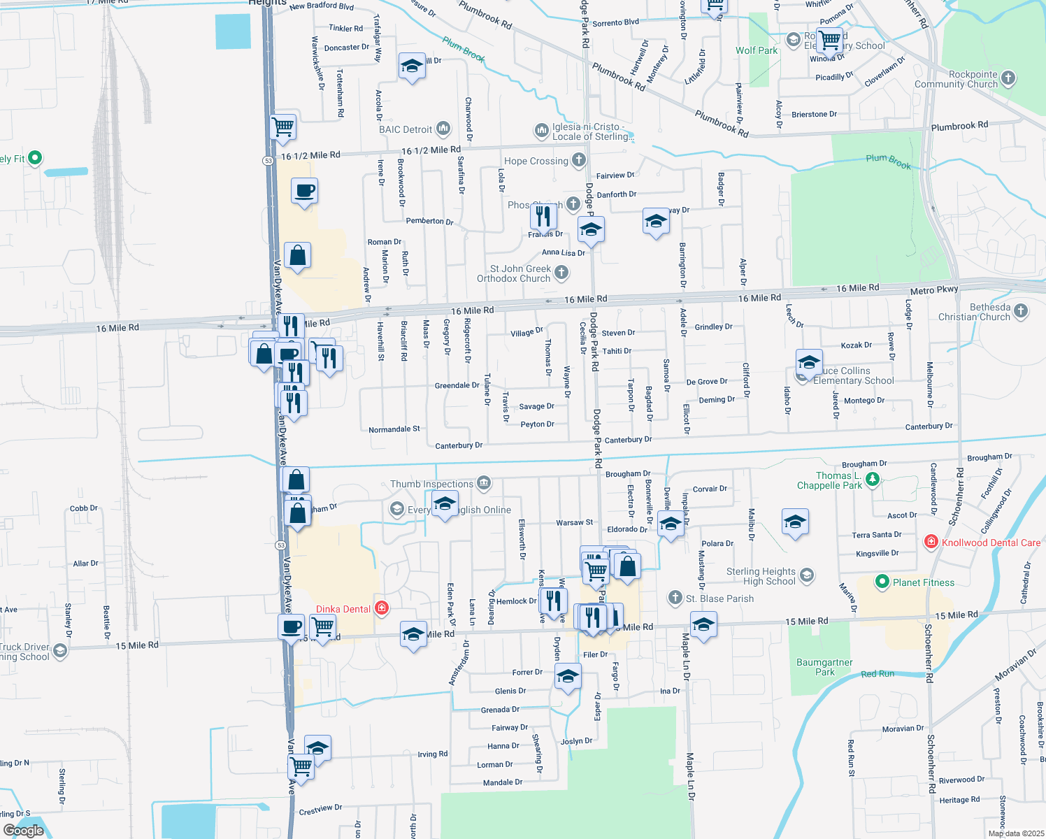map of restaurants, bars, coffee shops, grocery stores, and more near 11349 Peyton Dr in Sterling Heights