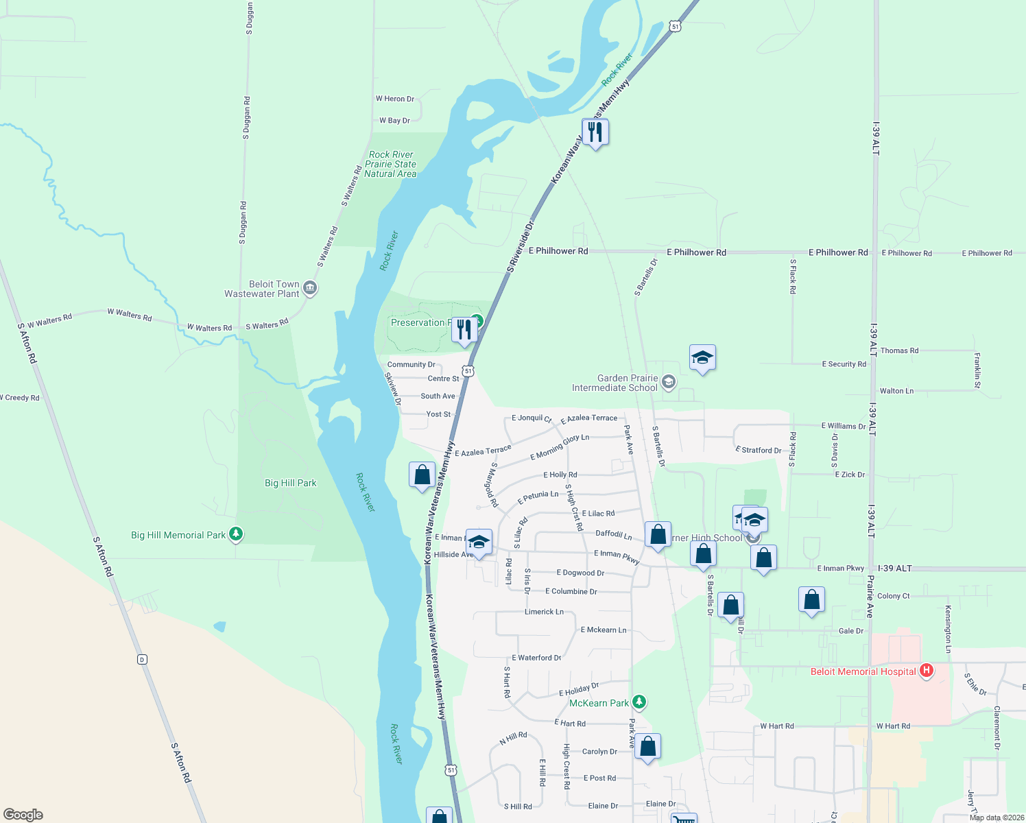map of restaurants, bars, coffee shops, grocery stores, and more near 727 East Jonquil Court in Beloit