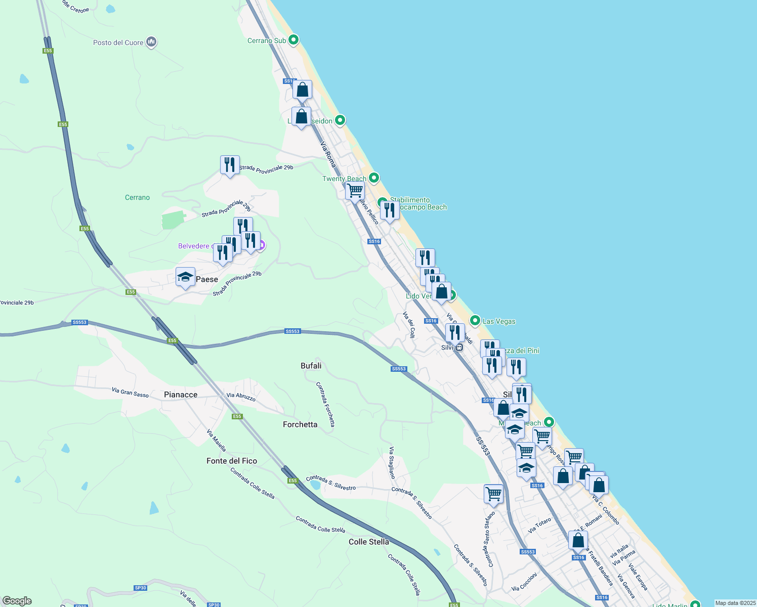 map of restaurants, bars, coffee shops, grocery stores, and more near 25/D Contrada Stagliano in Silvi