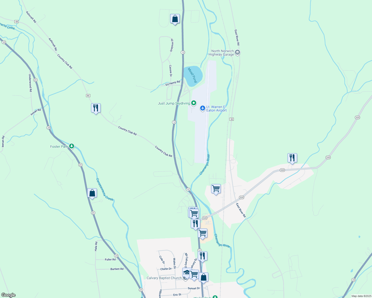 map of restaurants, bars, coffee shops, grocery stores, and more near 6286 State Route 12 in Norwich