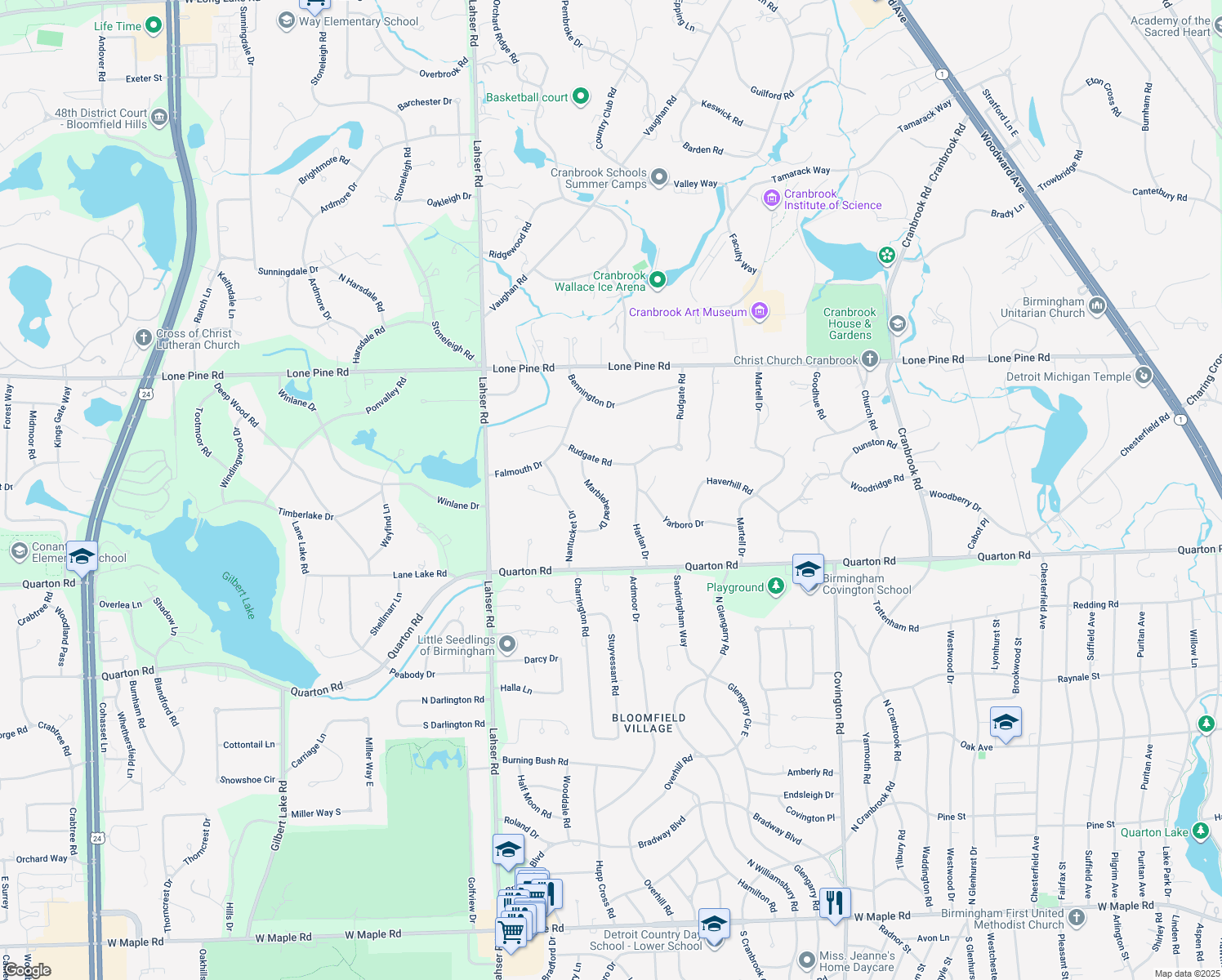 map of restaurants, bars, coffee shops, grocery stores, and more near 220 Marblehead Dr in Bloomfield Hills
