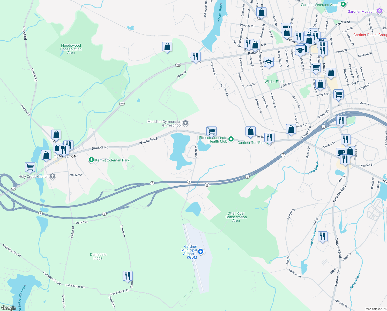 map of restaurants, bars, coffee shops, grocery stores, and more near 81 Airport Rd in Gardner