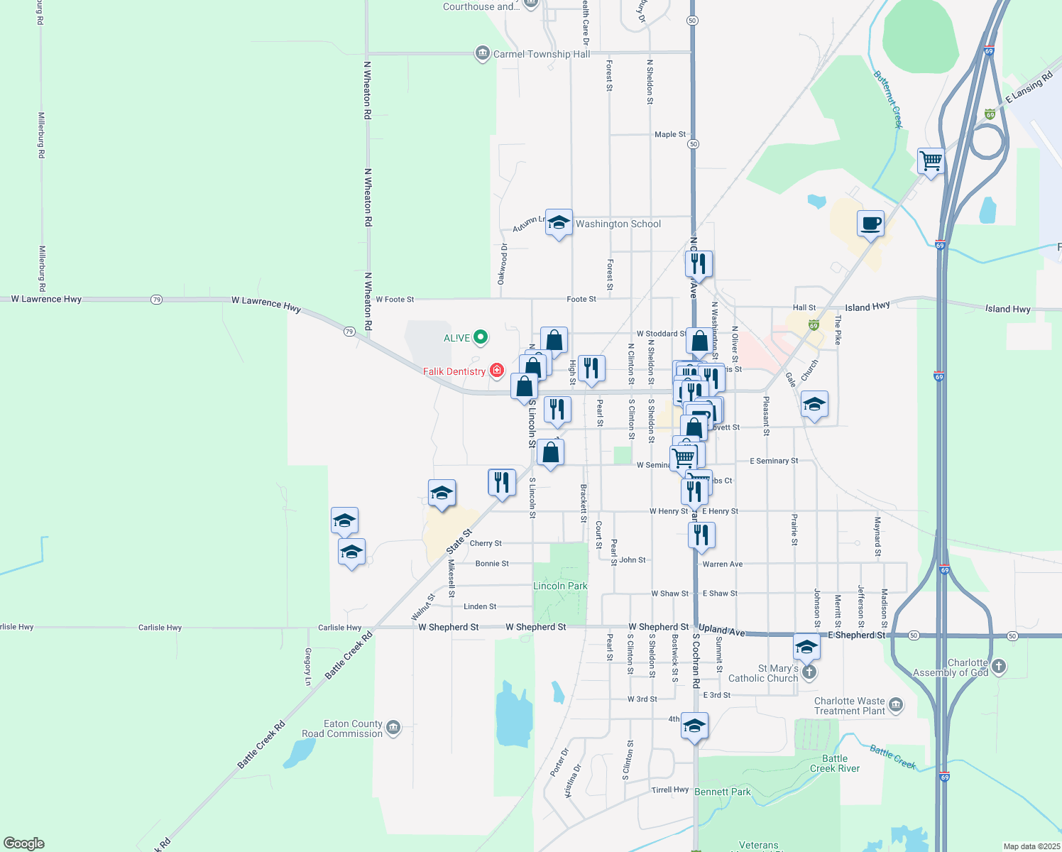 map of restaurants, bars, coffee shops, grocery stores, and more near 124 South Lincoln Street in Charlotte