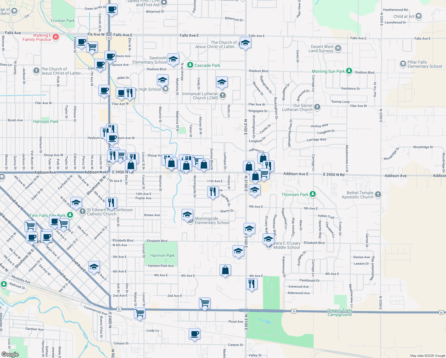 map of restaurants, bars, coffee shops, grocery stores, and more near 2061 11th Ave E in Twin Falls