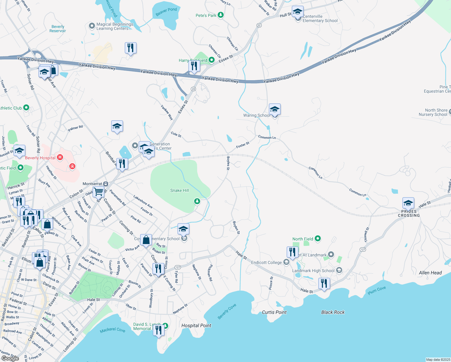 map of restaurants, bars, coffee shops, grocery stores, and more near 123 Cross Lane in Beverly