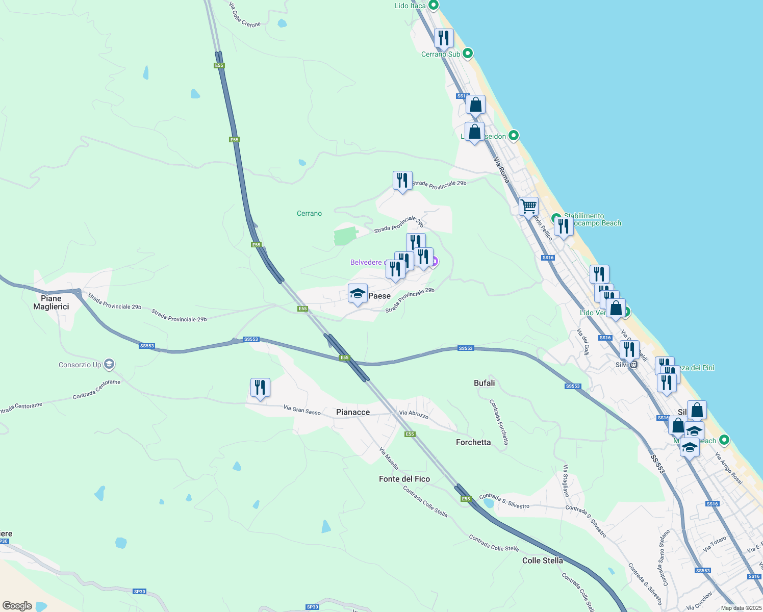 map of restaurants, bars, coffee shops, grocery stores, and more near 22 Via San Lucia in Silvi Paese