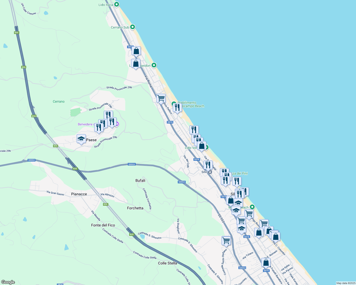 map of restaurants, bars, coffee shops, grocery stores, and more near 25 Contrada Stagliano in Silvi