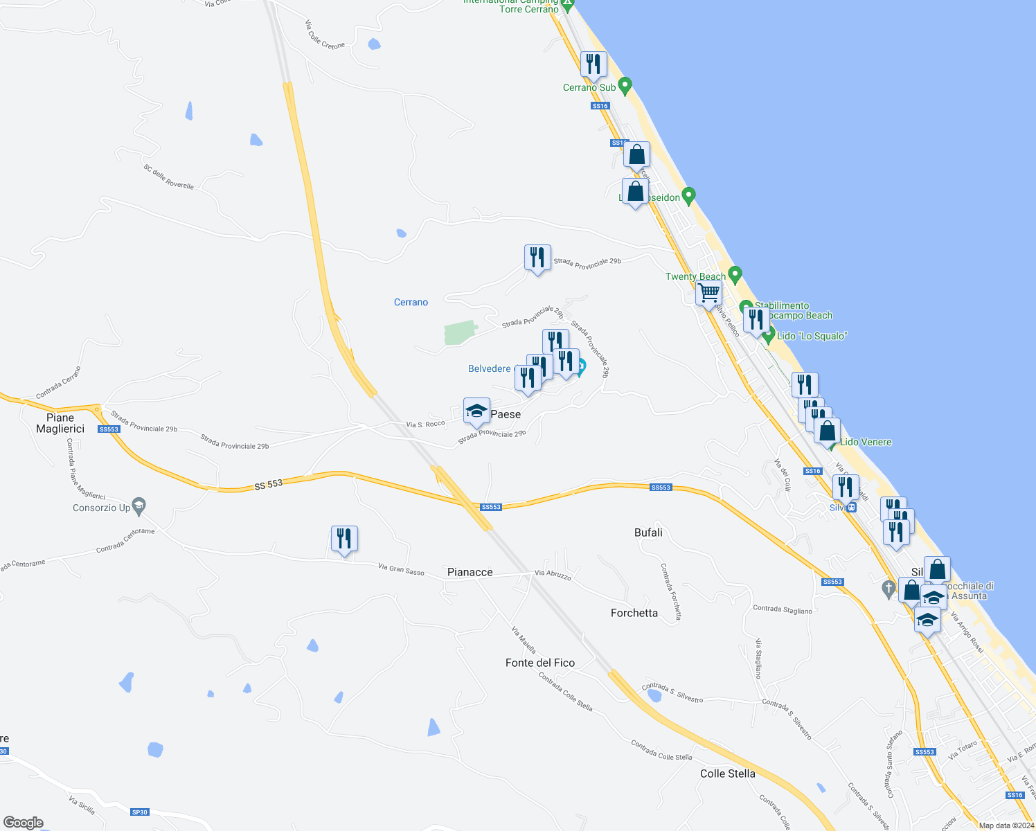 map of restaurants, bars, coffee shops, grocery stores, and more near 22 Via San Lucia in Silvi Paese