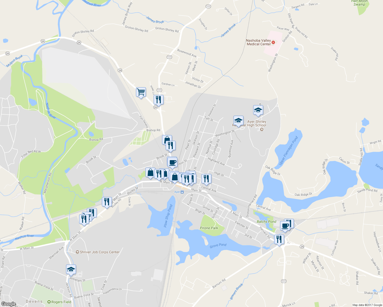 map of restaurants, bars, coffee shops, grocery stores, and more near 9 Jackson Street in Ayer