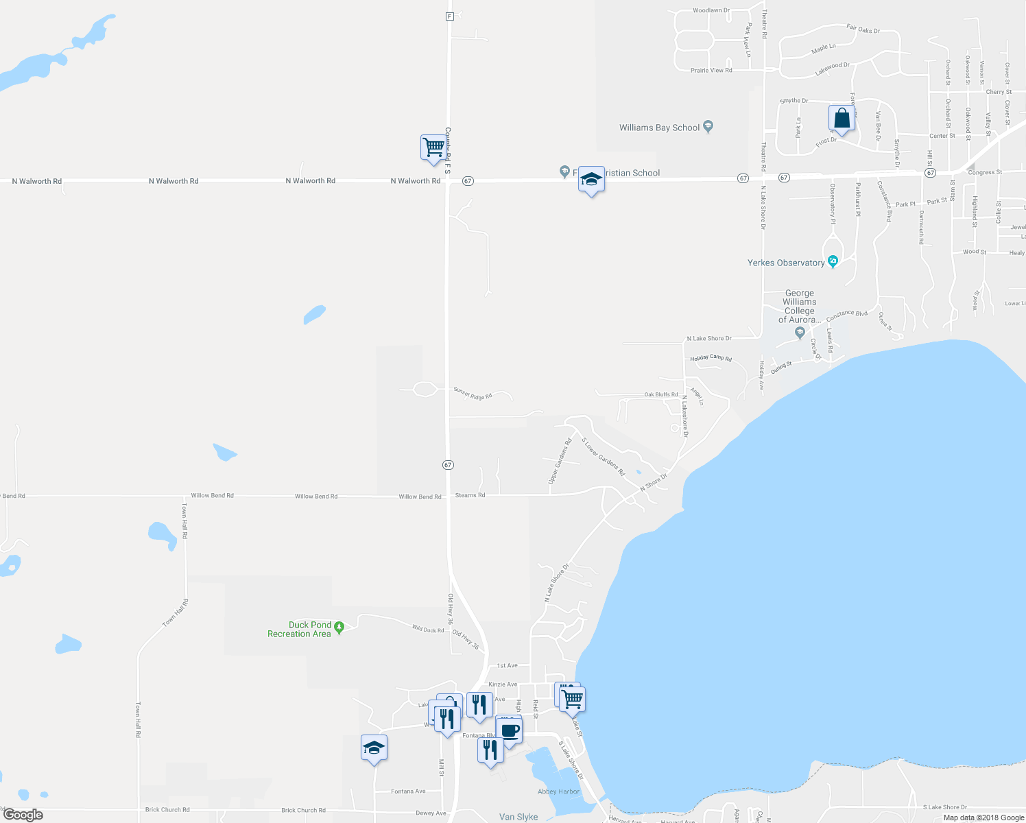 map of restaurants, bars, coffee shops, grocery stores, and more near W5603 Sunset Ridge Road in Walworth