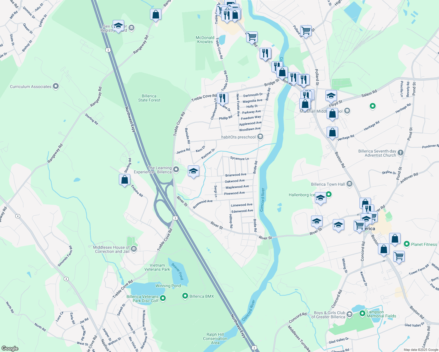 map of restaurants, bars, coffee shops, grocery stores, and more near 62 Briarwood Avenue in Billerica