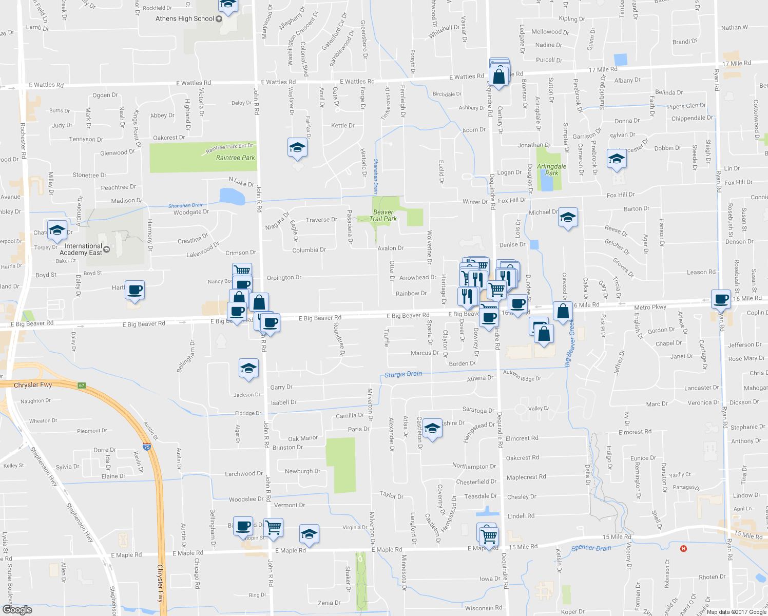 map of restaurants, bars, coffee shops, grocery stores, and more near 3028 Cedar Crest Drive in Troy
