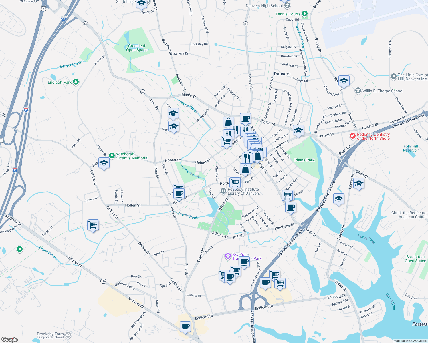 map of restaurants, bars, coffee shops, grocery stores, and more near 14R Charles Street in Danvers