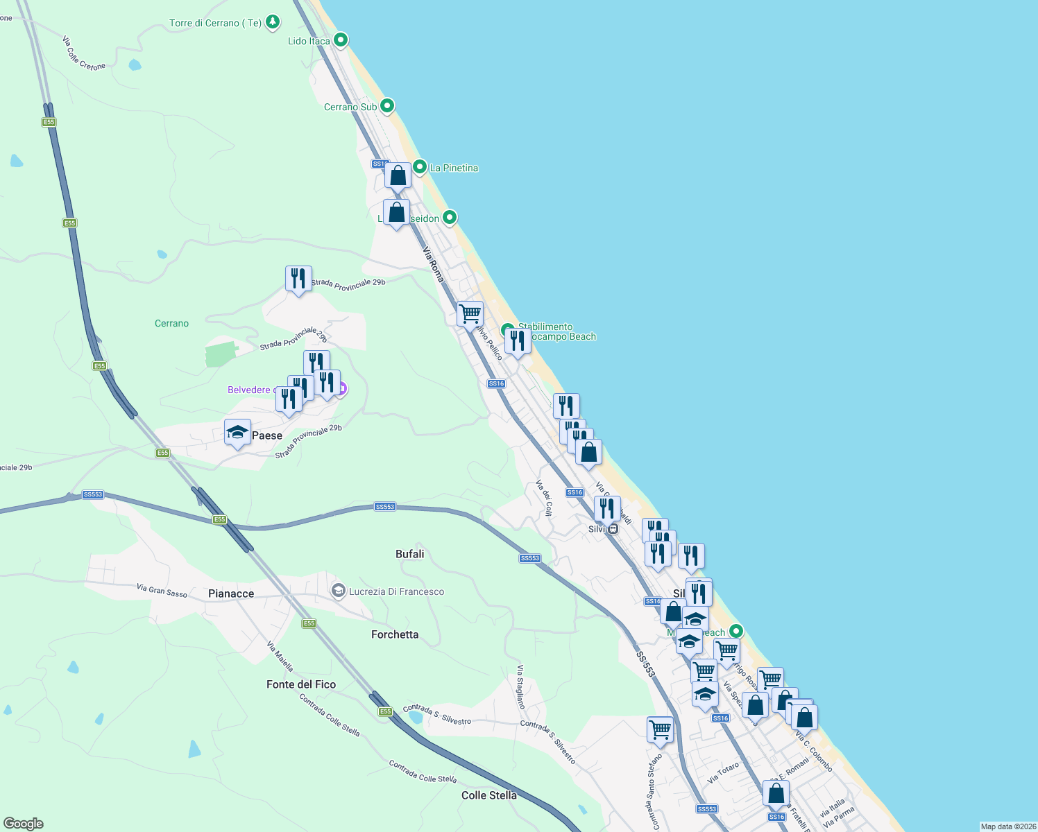 map of restaurants, bars, coffee shops, grocery stores, and more near 91 Via Roma in Silvi
