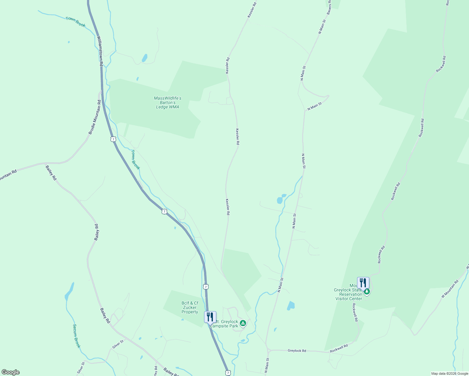 map of restaurants, bars, coffee shops, grocery stores, and more near 44 Kessler Road in Lanesborough