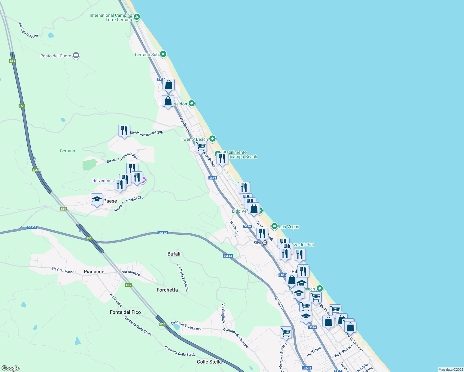 map of restaurants, bars, coffee shops, grocery stores, and more near 70 Via Taranto in Silvi