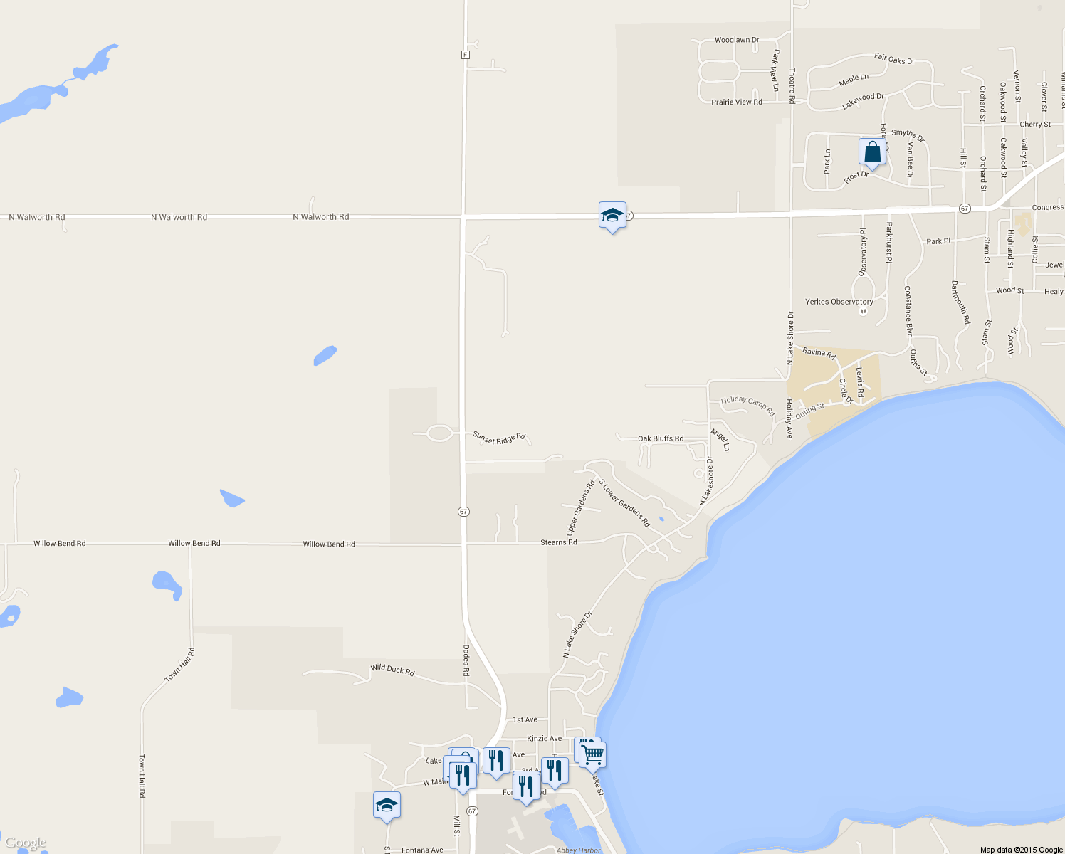 map of restaurants, bars, coffee shops, grocery stores, and more near W5622 Sunset Ridge Road in Walworth