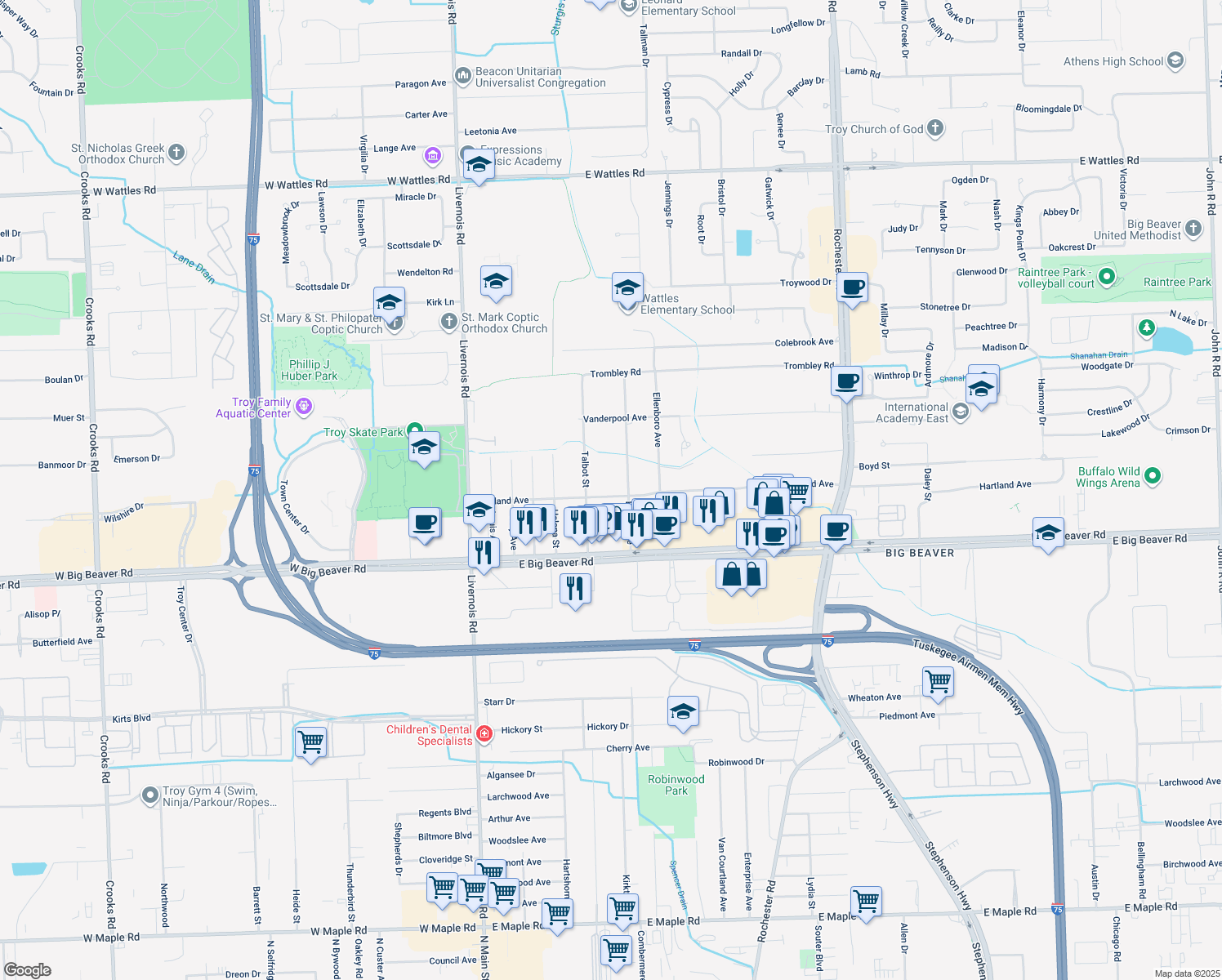 map of restaurants, bars, coffee shops, grocery stores, and more near 365 Hartland Dr in Troy