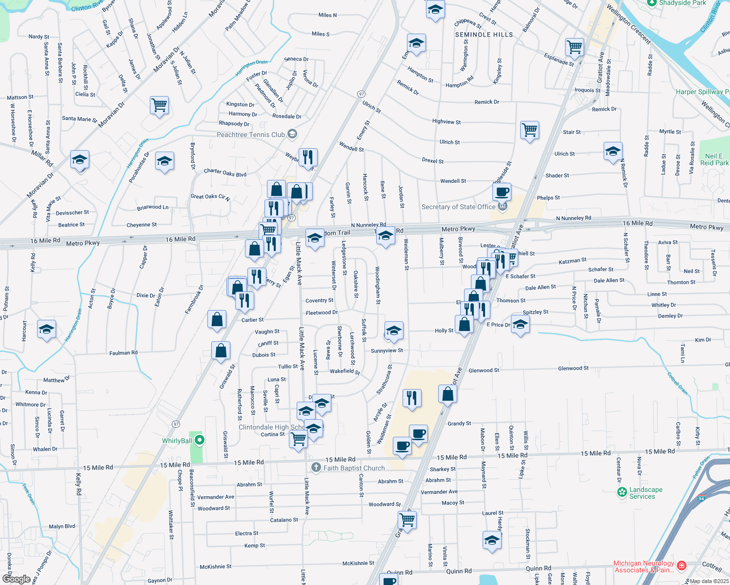 map of restaurants, bars, coffee shops, grocery stores, and more near 36287 Suffolk St in Charter Township of Clinton