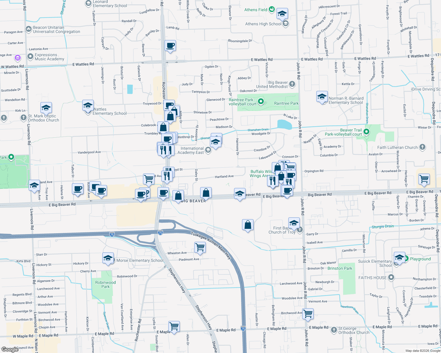 map of restaurants, bars, coffee shops, grocery stores, and more near 1411 Hartland Street in Troy