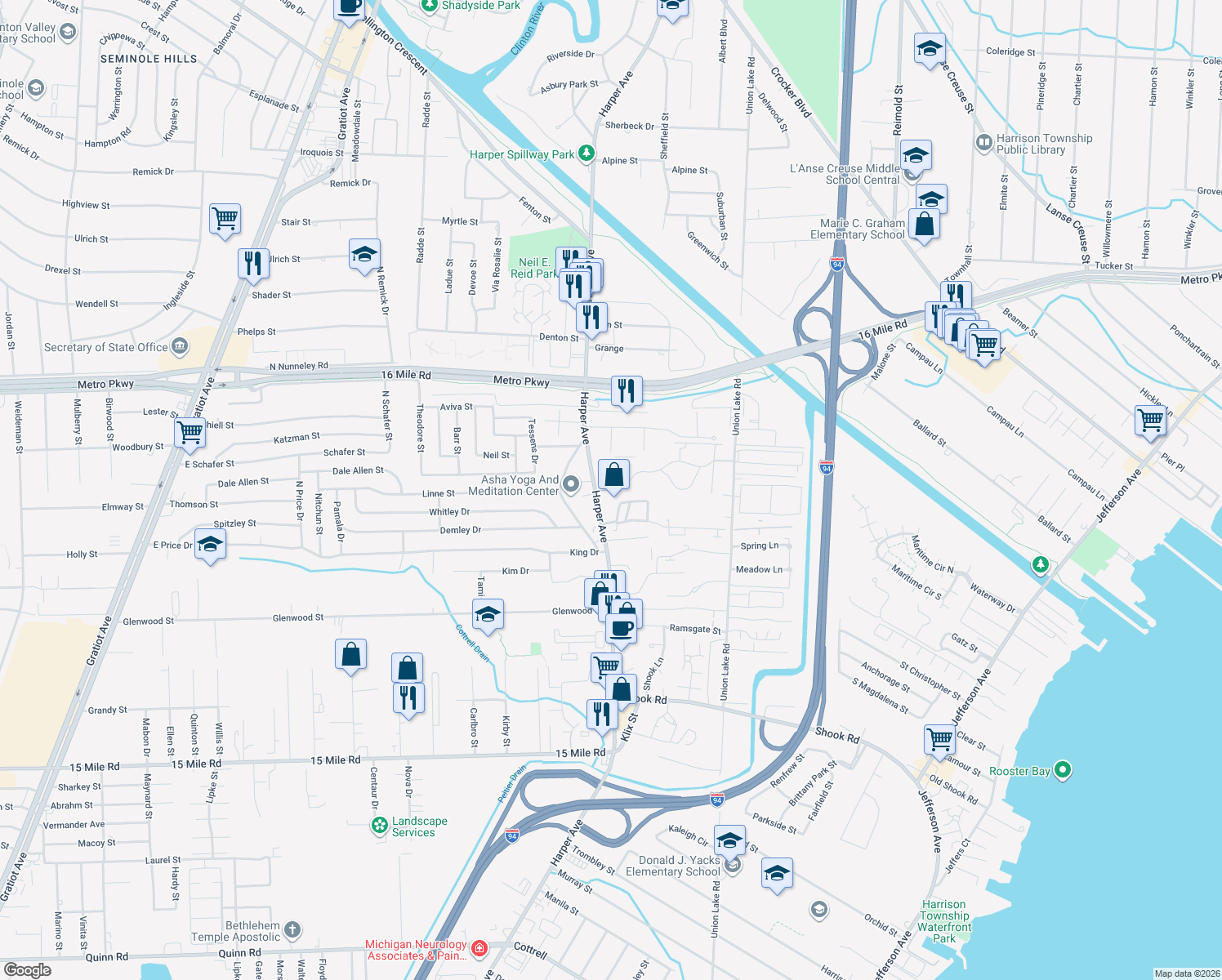 map of restaurants, bars, coffee shops, grocery stores, and more near 24551 Eastwood Village Drive in Charter Township of Clinton