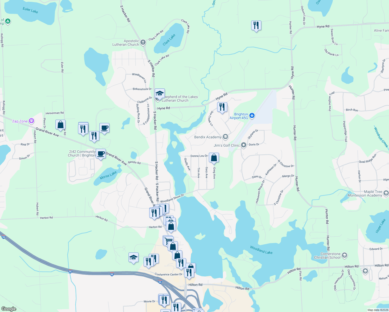 map of restaurants, bars, coffee shops, grocery stores, and more near 8205 Donna Lou Drive in Brighton