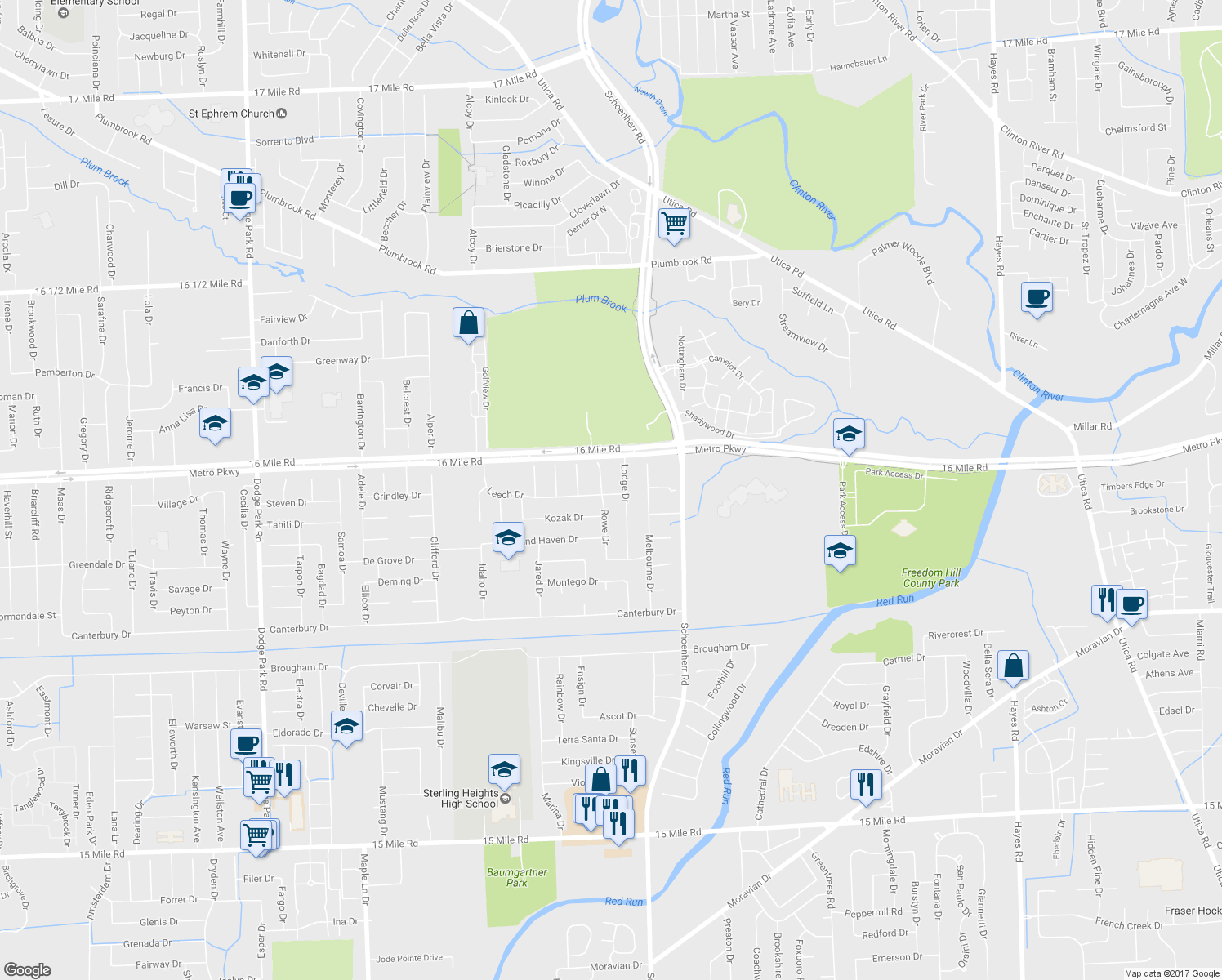 map of restaurants, bars, coffee shops, grocery stores, and more near 36812 Rowe Court in Sterling Heights
