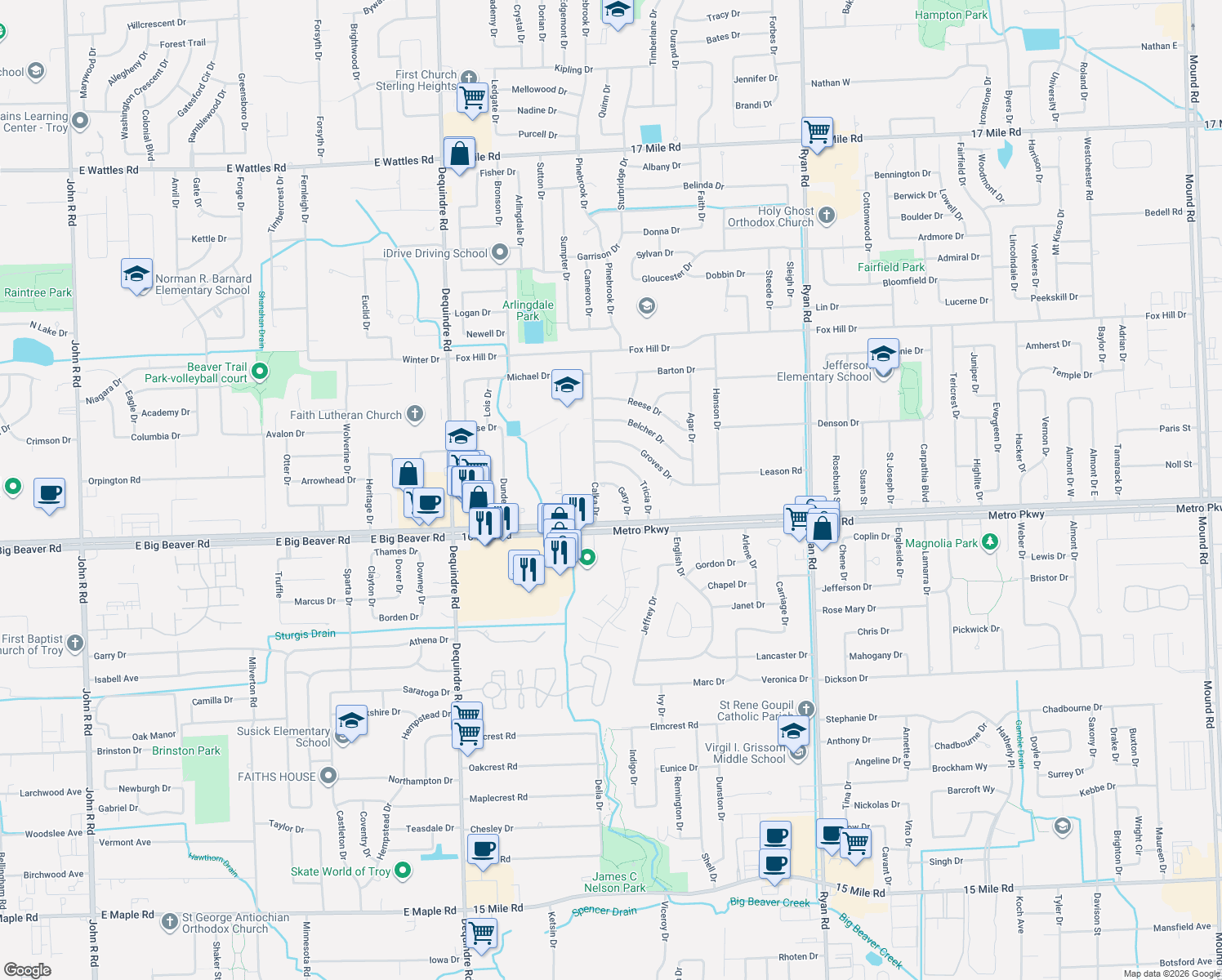 map of restaurants, bars, coffee shops, grocery stores, and more near 37165 Gary Drive in Sterling Heights