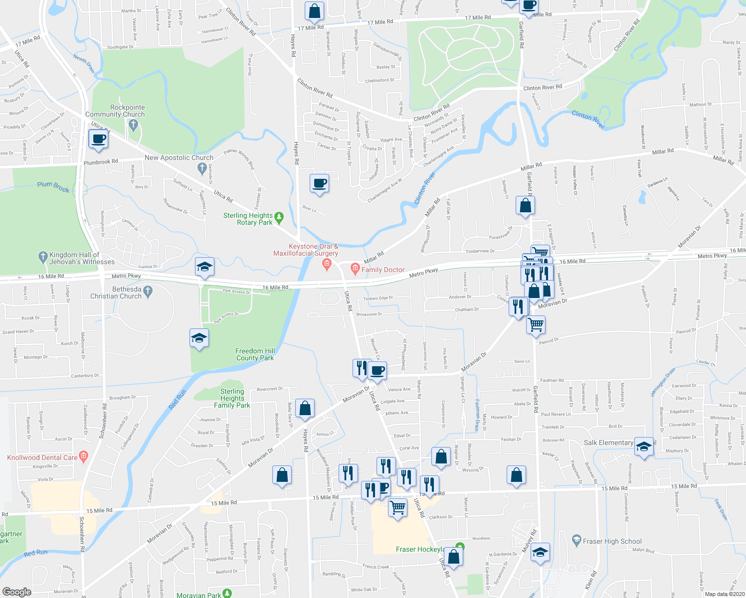 map of restaurants, bars, coffee shops, grocery stores, and more near Timbers Edge Drive in Charter Township of Clinton