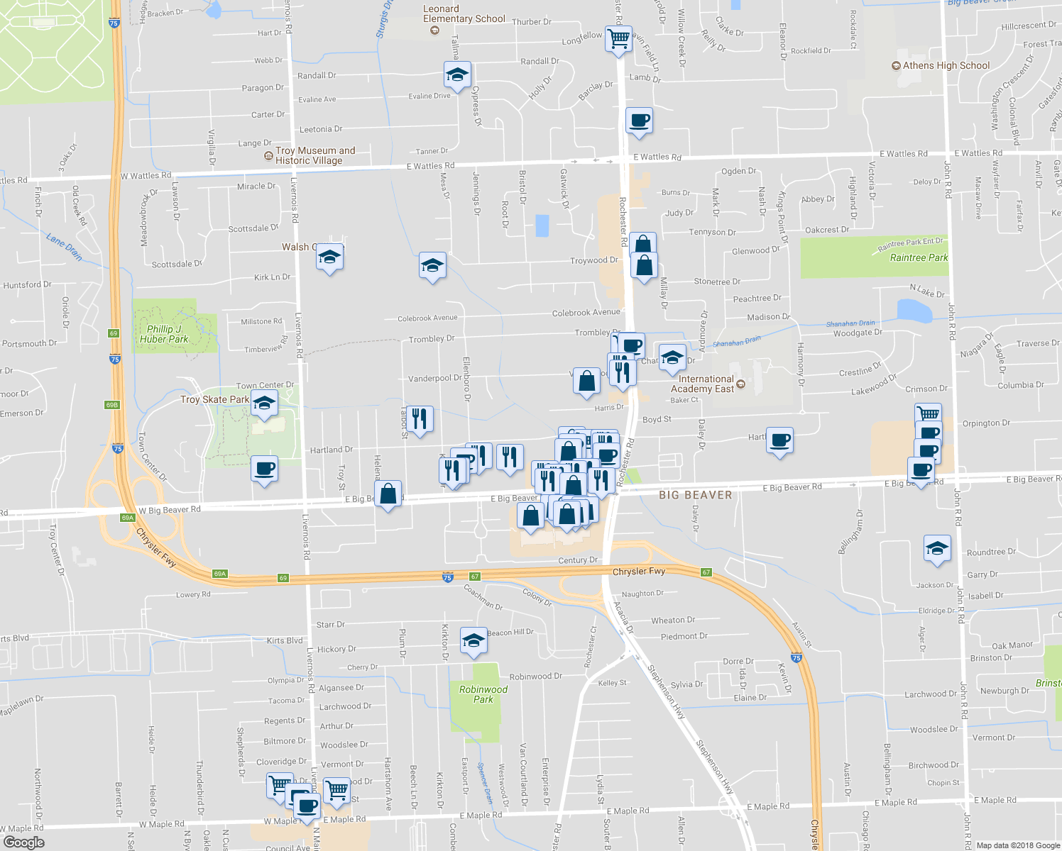 map of restaurants, bars, coffee shops, grocery stores, and more near 695 Hartland Drive in Troy