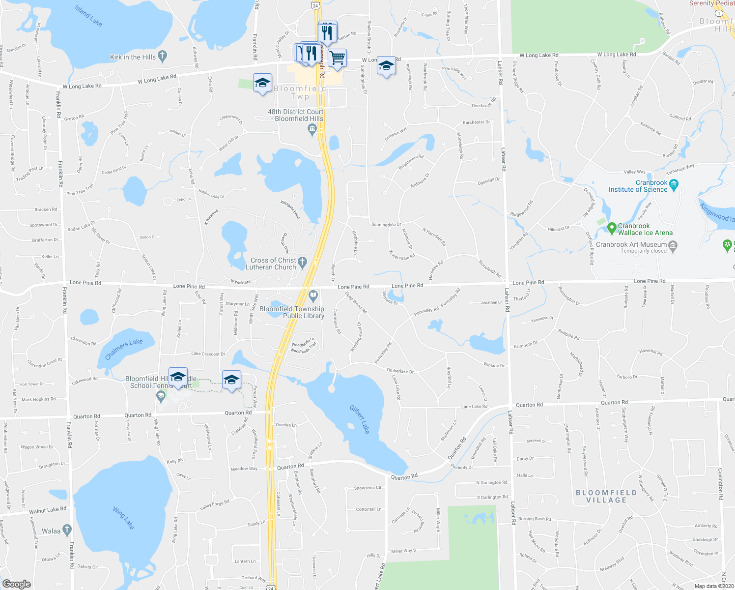 map of restaurants, bars, coffee shops, grocery stores, and more near 1001 Lone Pine Road in Bloomfield Hills